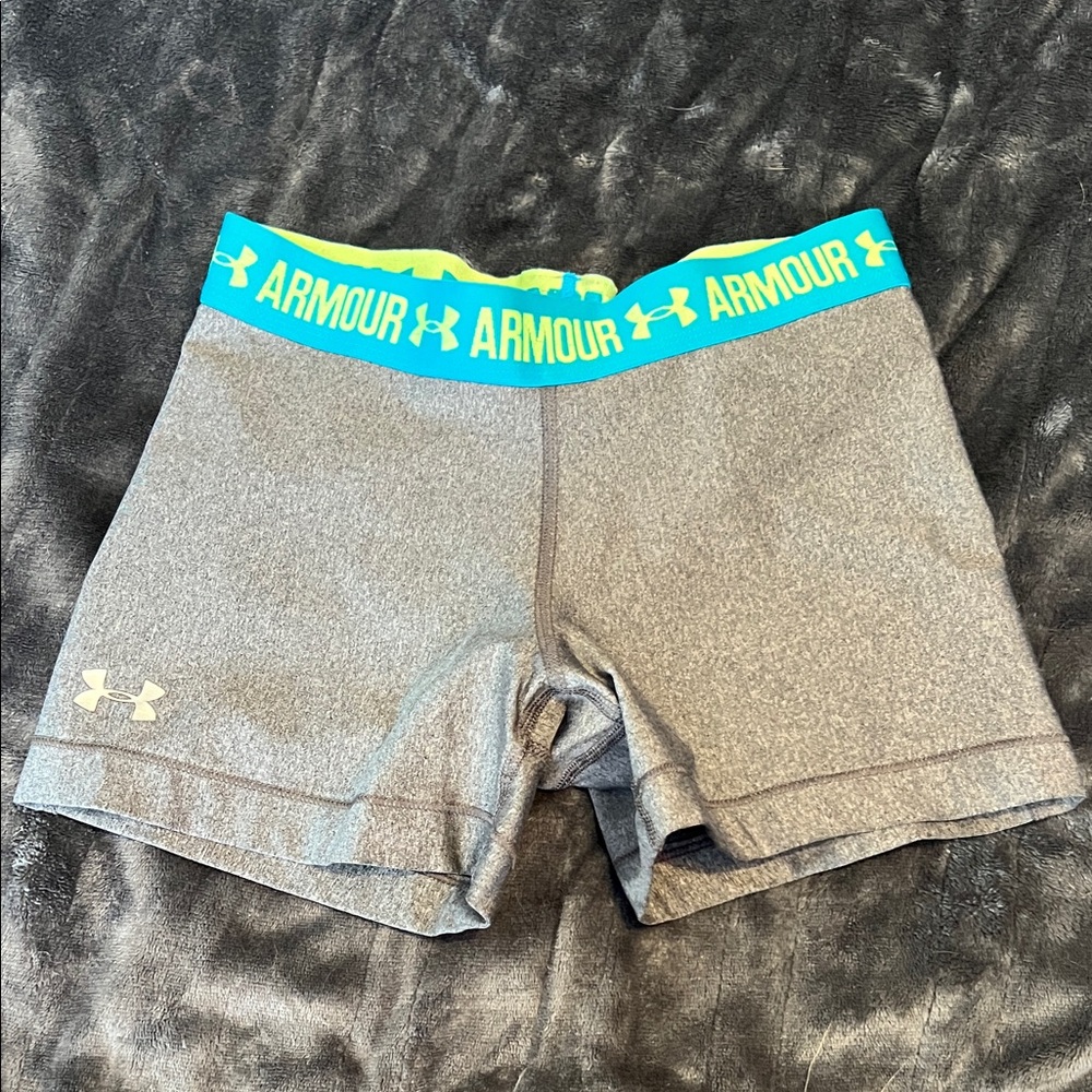 Under Armour Women's Gray Athletic Shorts with Blue Waistband